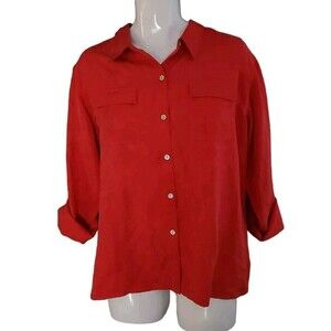 Chicos Silk Tunic Top Womens 3 (XL/16) Red Button Up Flap Pocket Roll Tab Sleeve